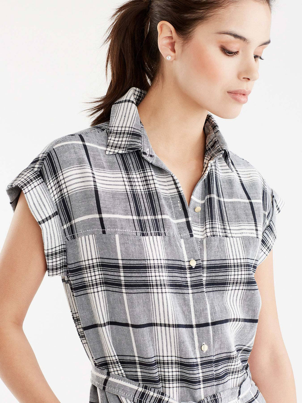 Linen Twill Plaid Shirtdress Color Indigo Combo