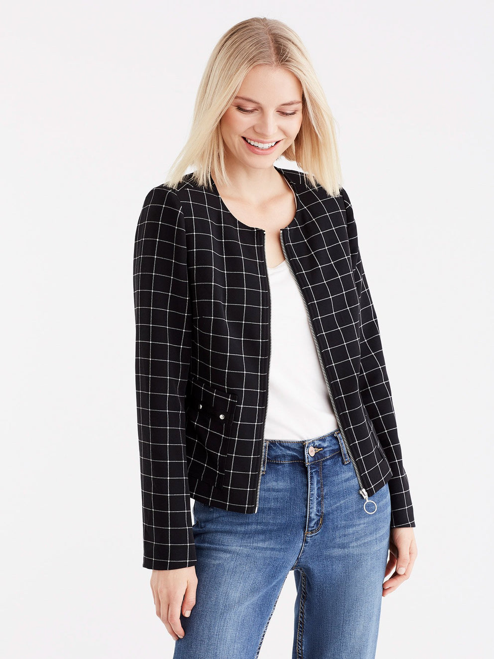 Grid Pattern Zip Jacket, Plus Size Color Black Combo 