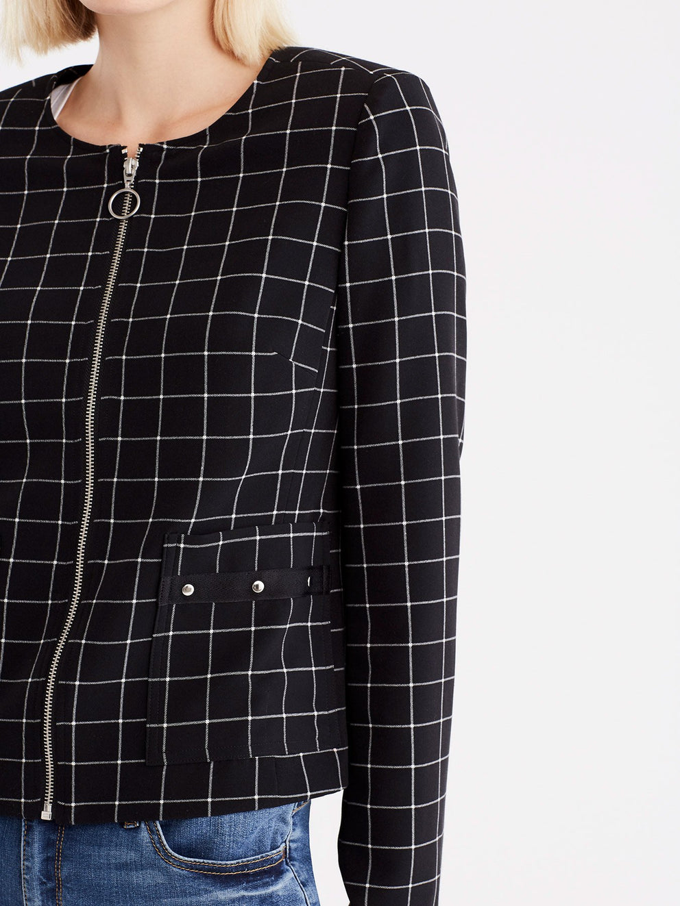 Grid Pattern Zip Jacket, Plus Size Color Black Combo 