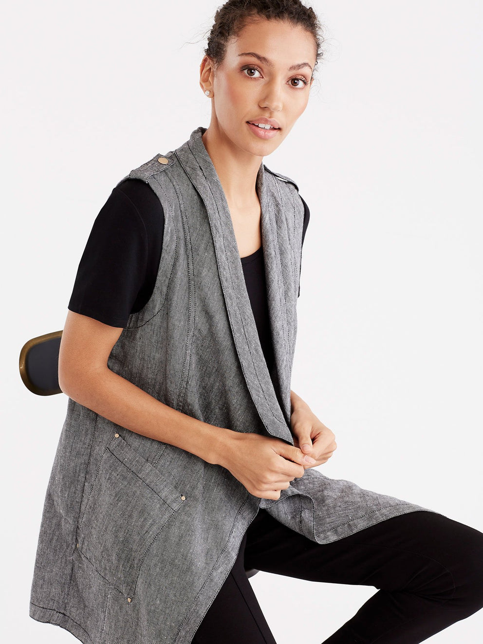 Twill Linen Drape Front Cardigan Color Black