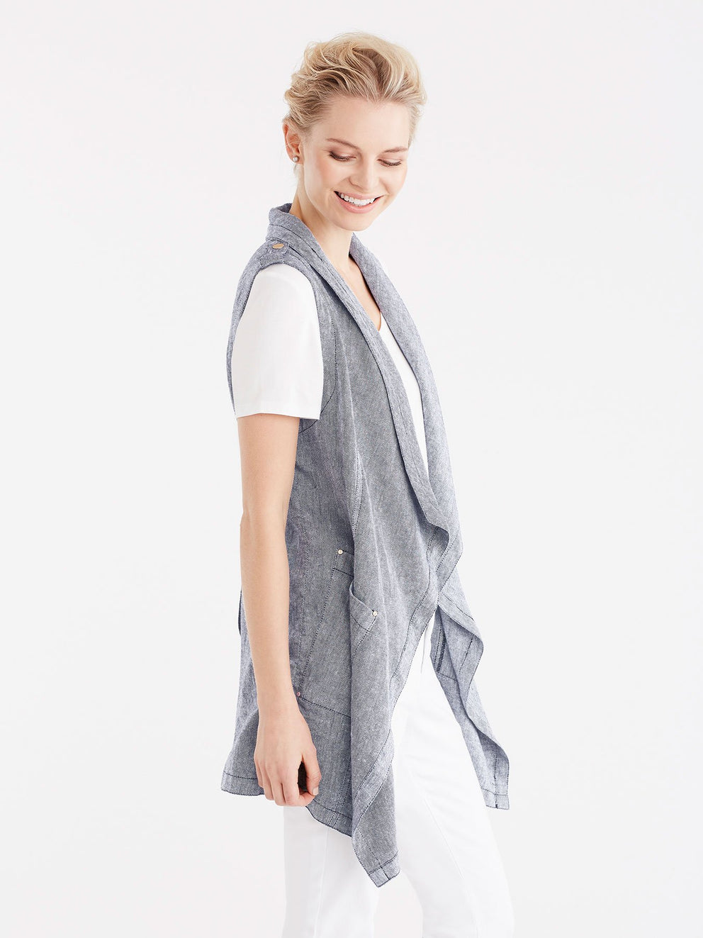 Twill Linen Drape Front Cardigan Color Dark Indigo