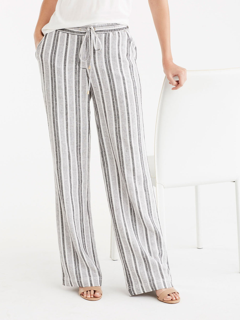 Drawstring Wide Leg Pants Color Black Ivory