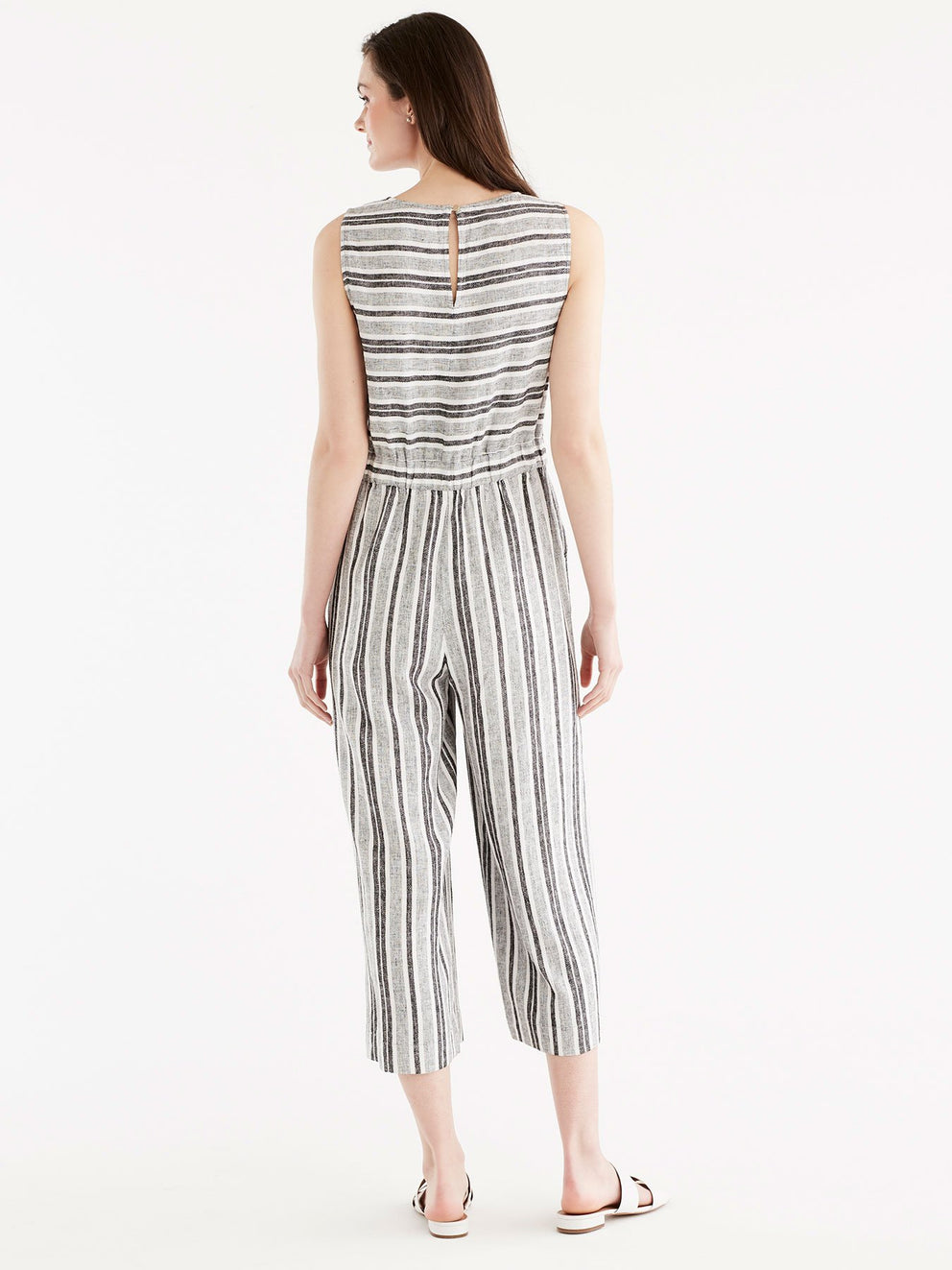 Striped Linen Jumpsuit Color Black Ivory