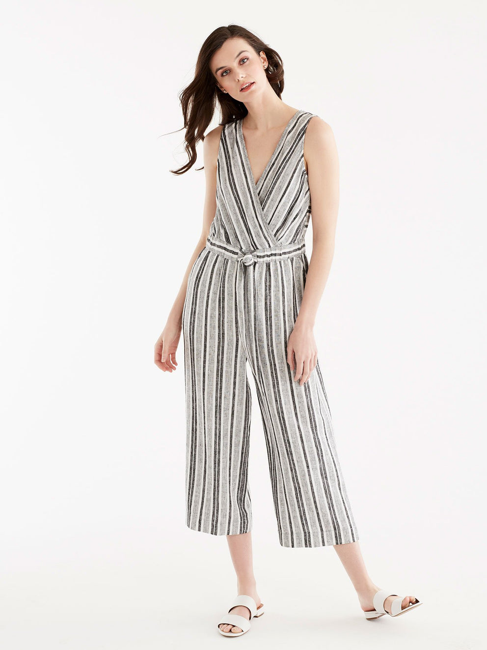 Striped Linen Jumpsuit Color Black Ivory