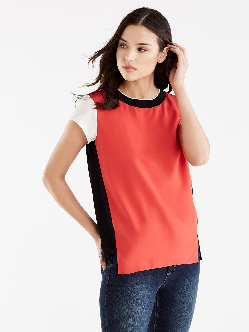Ribbed Neck Colorblock Tee Color Persimmon