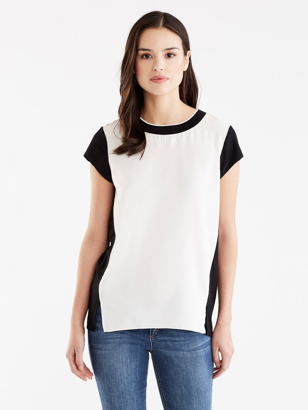 Ribbed Neck Colorblock Tee Color Ivory