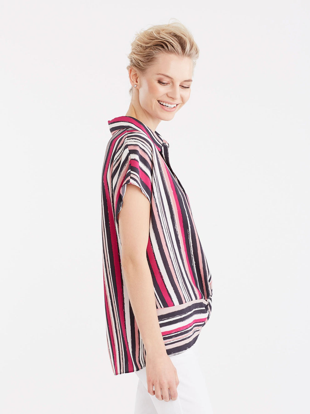 Striped Twist Hem Shirt Color Deep Pink Vertical Stripes