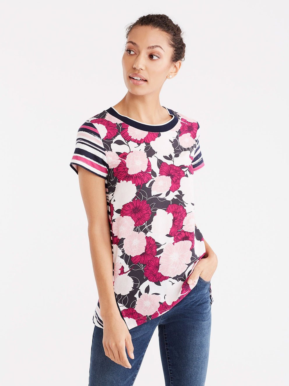 Floral Rib Neck T-Shirt Color Deep Pink Combo