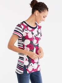 Floral Rib Neck T-Shirt Color Deep Pink Combo