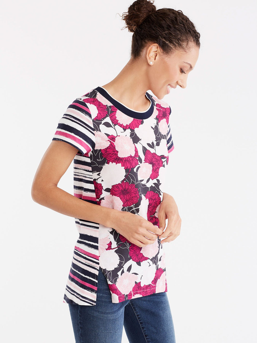 Floral Rib Neck T-Shirt Color Deep Pink Combo