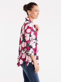 Floral Tie Sleeve Shirt Color Deep Pink Combo