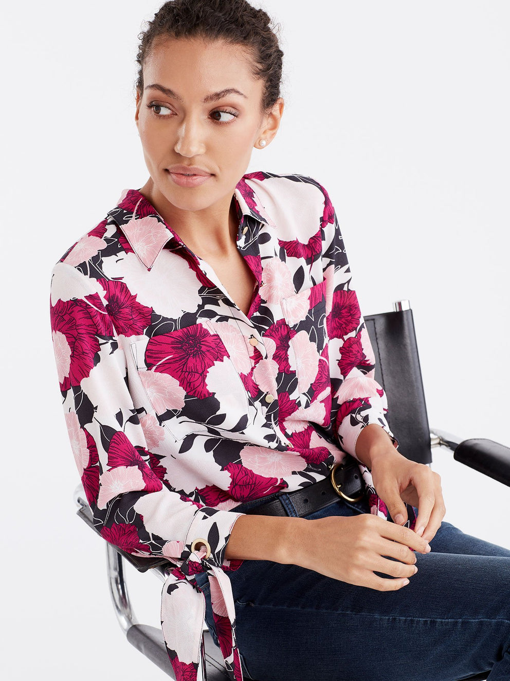 Floral Tie Sleeve Shirt Color Deep Pink Combo
