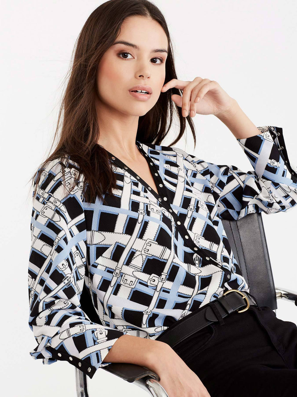 Belt Print Blouse, Plus Size Color Celestial Combo 