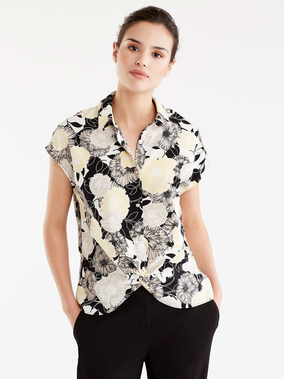 Floral Draped Hem Shirt Color Canary Combo