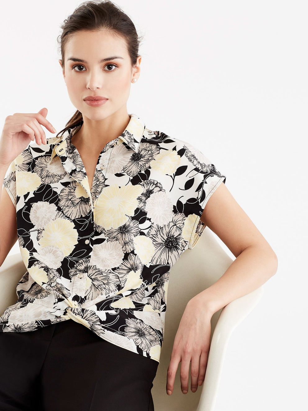 Floral Draped Hem Shirt Color Canary Combo