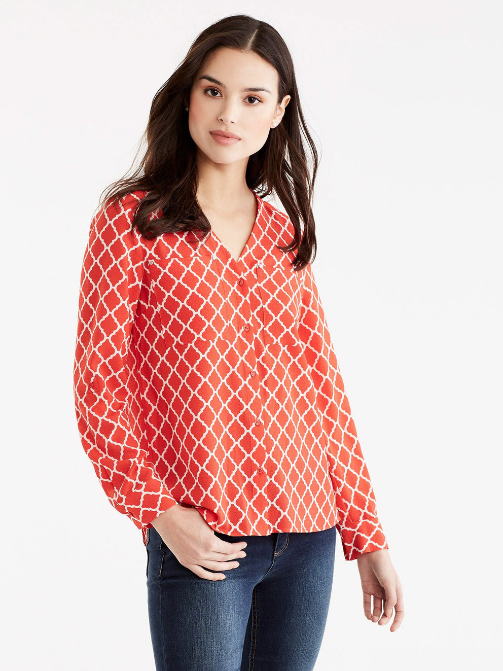 Arabesque Print Shirt, Plus Size Color Persimmon Combo 