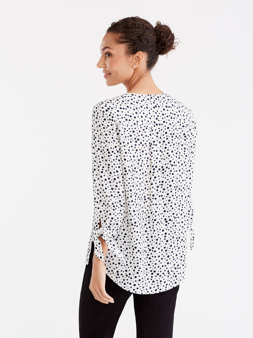 V-Neck Tie Sleeve Blouse Color Ivory Indigo Combo