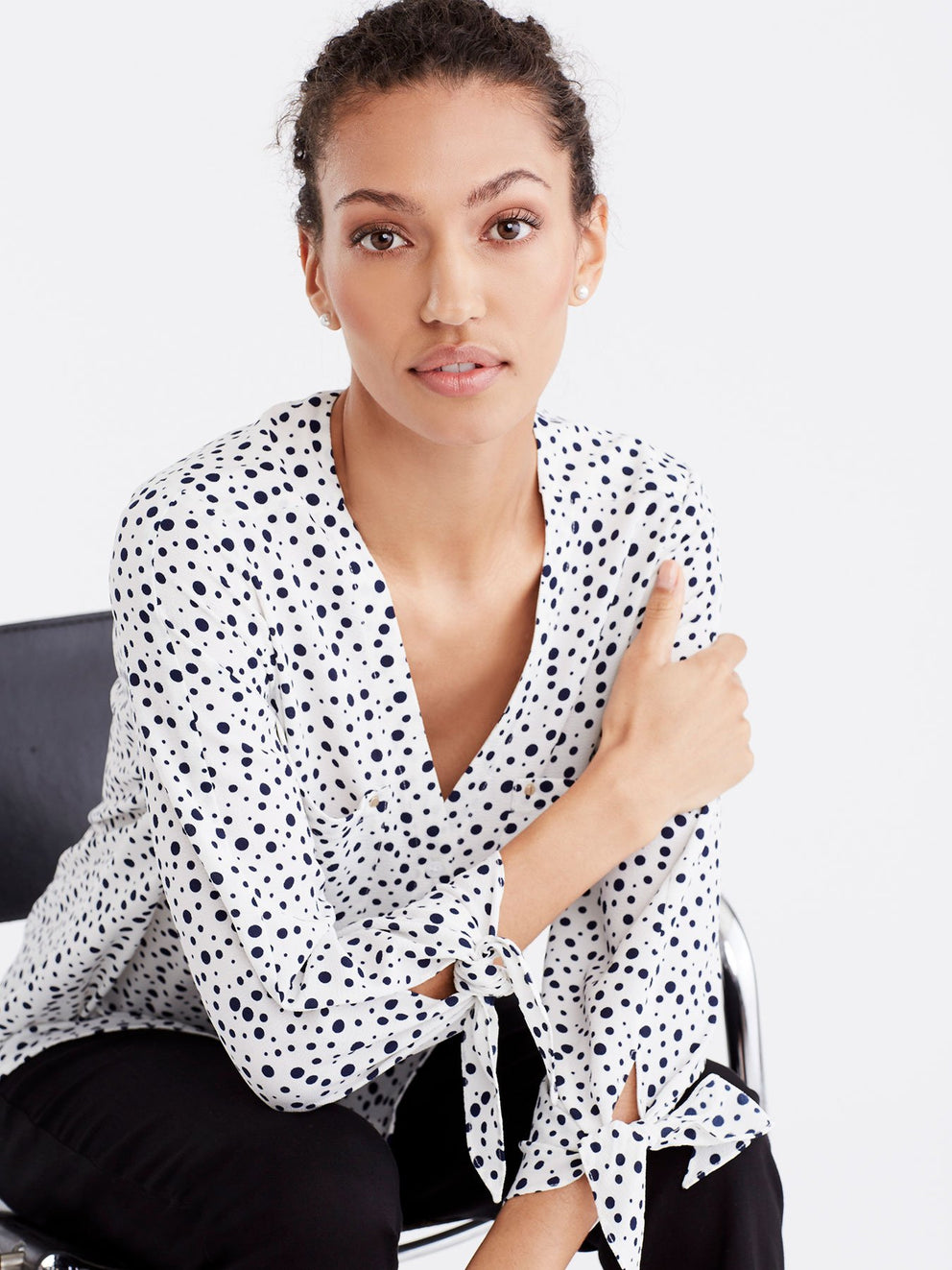 V-Neck Tie Sleeve Blouse Color Ivory Indigo Combo